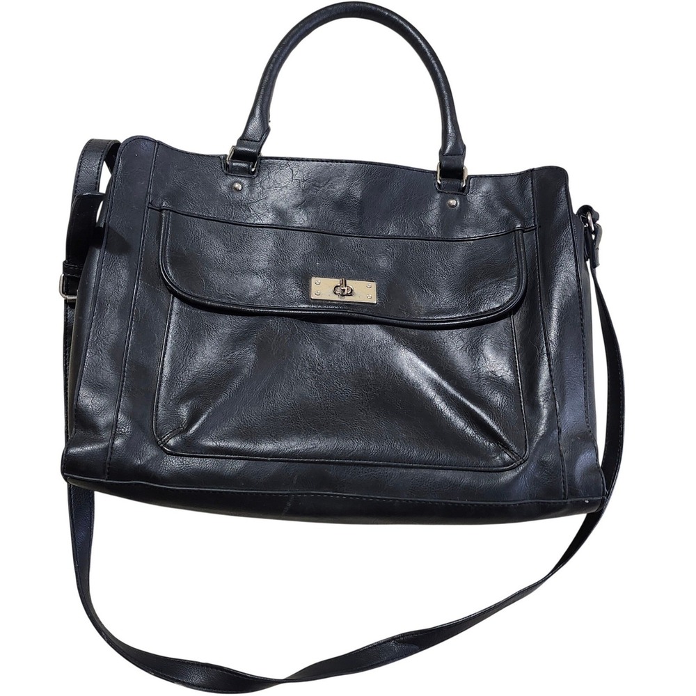 Merona Satchel Computer Bag Large Black Faux Leather Crossbody Work Bag Classic